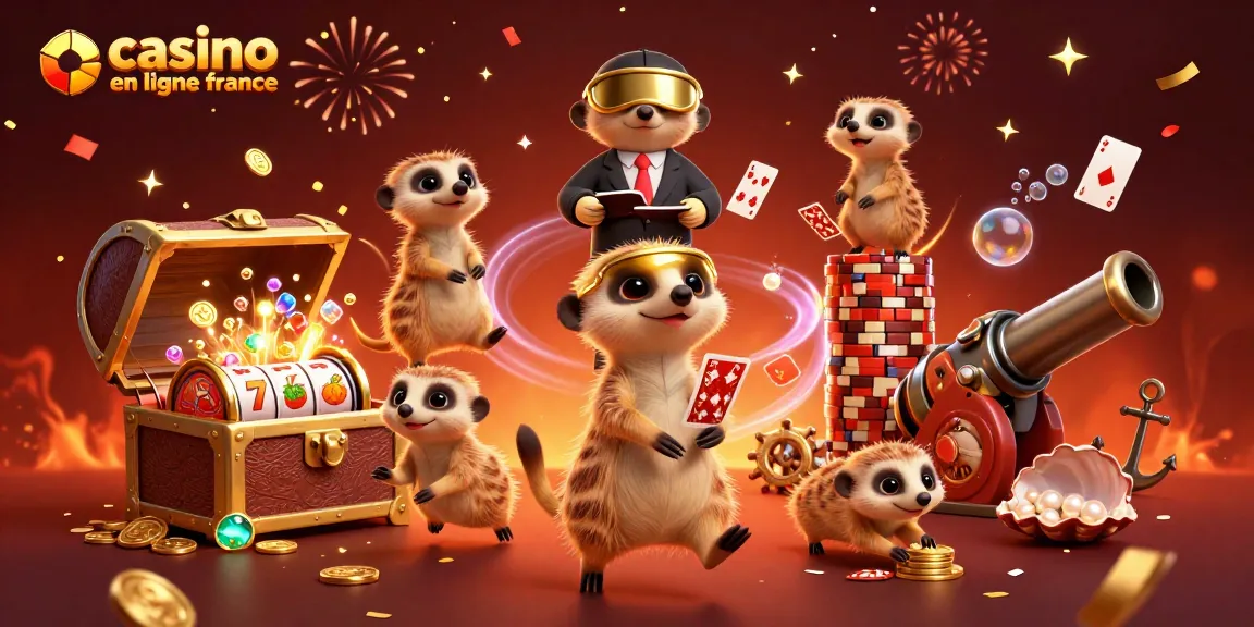 Illustration de suricates dans un casino en ligne France, avec des jeux de cartes et des trésors.