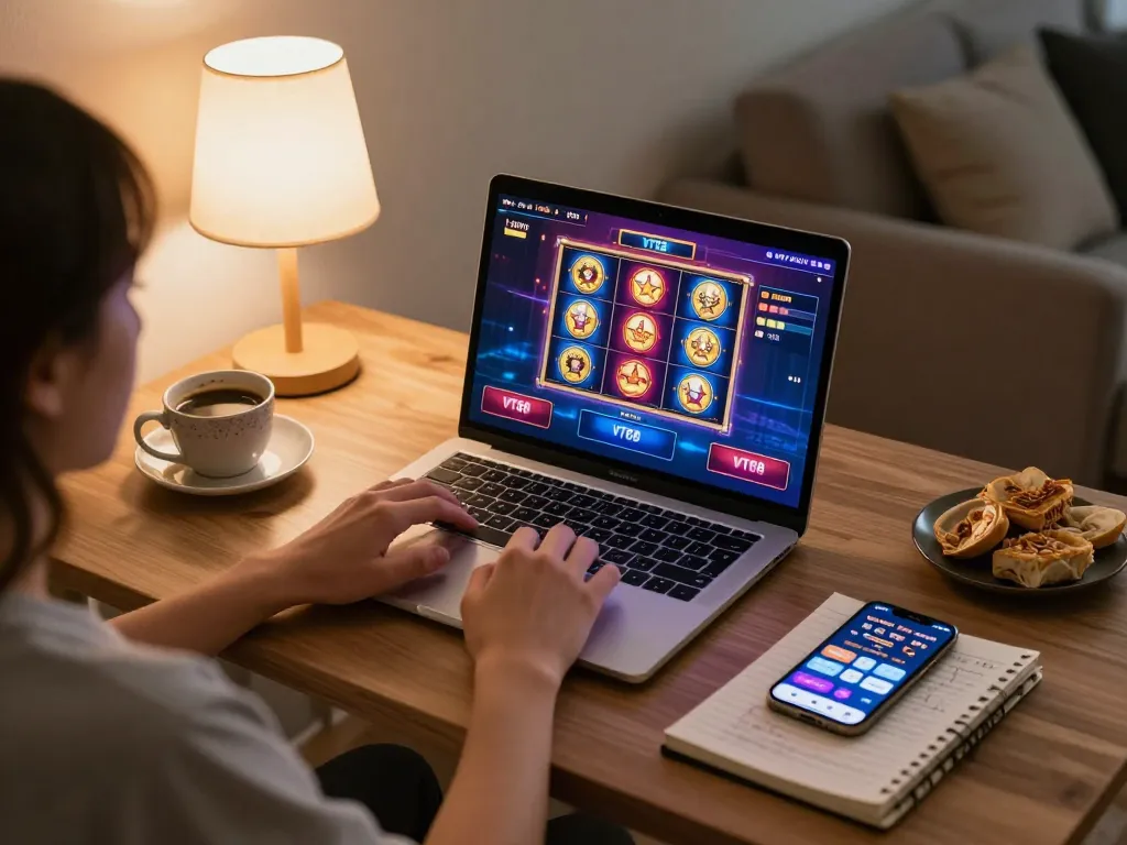 Player engaging in VT88 online casino games from a cozy home setup, highlighting interactive gaming