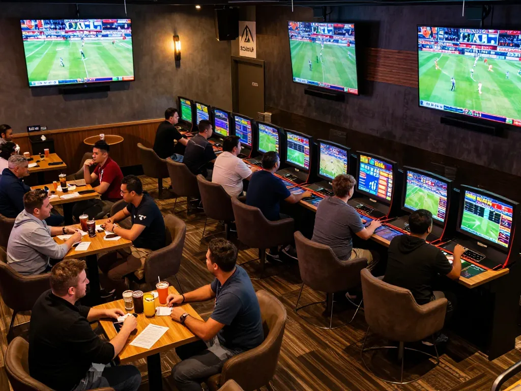 Engaged bettors placing wagers on live sports events at 92slot's exciting sports lounge.