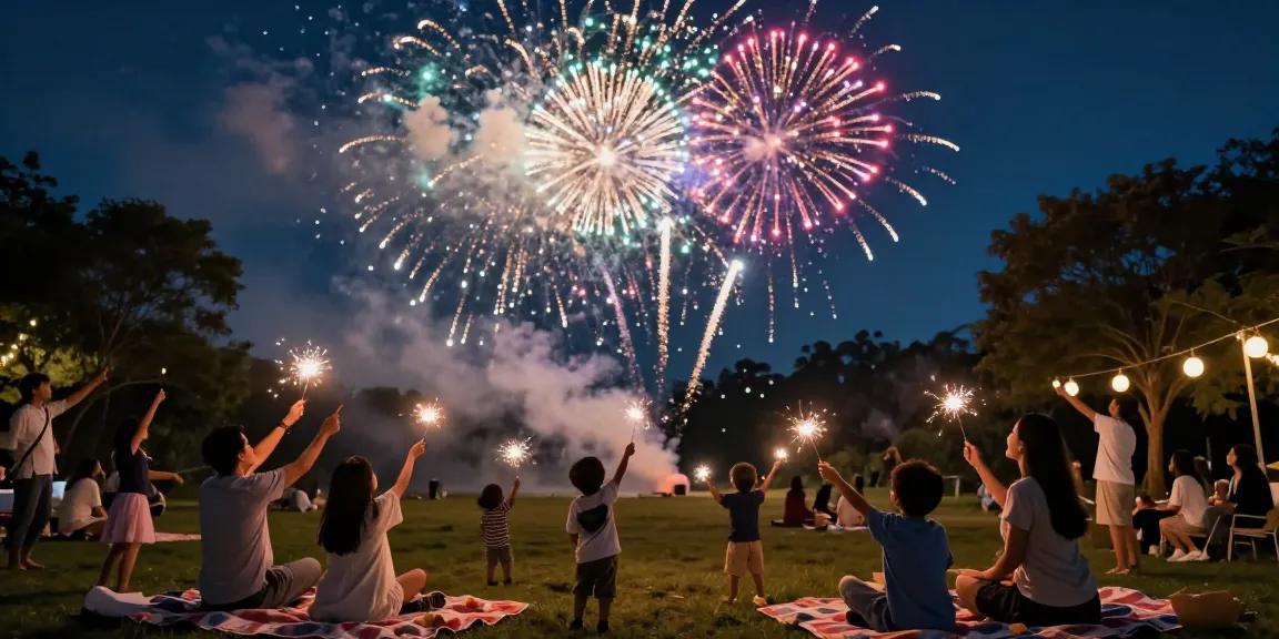 Fireworks UK celebration scene with family enjoying a vibrant display in the backyard.
