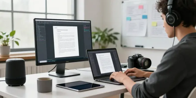 Content creator using an AI text writer in a modern, tech-inspired workspace with natural light.