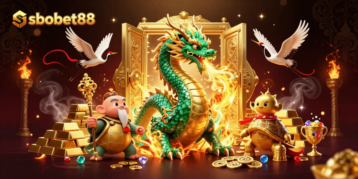 Experience the magic of sbobet88 with a lavish 3D illustration featuring a jade dragon, sage, and lucky cranes.