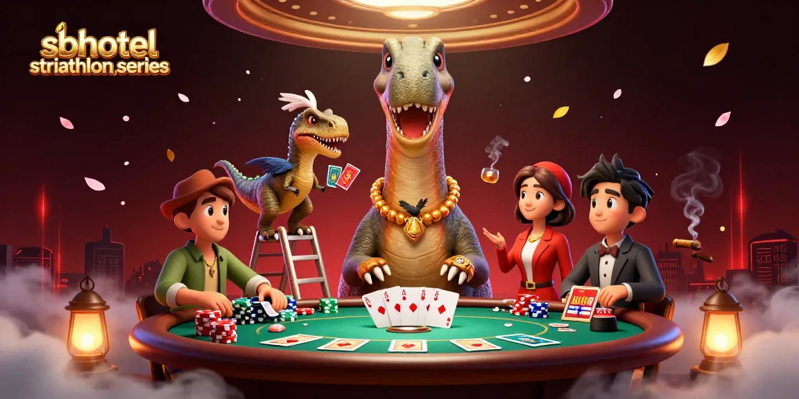 Menyaksikan permainan kartu yang mendebarkan di sbhotelstriathlonseries, dengan karakter dinosaurus dan dealer raptor.