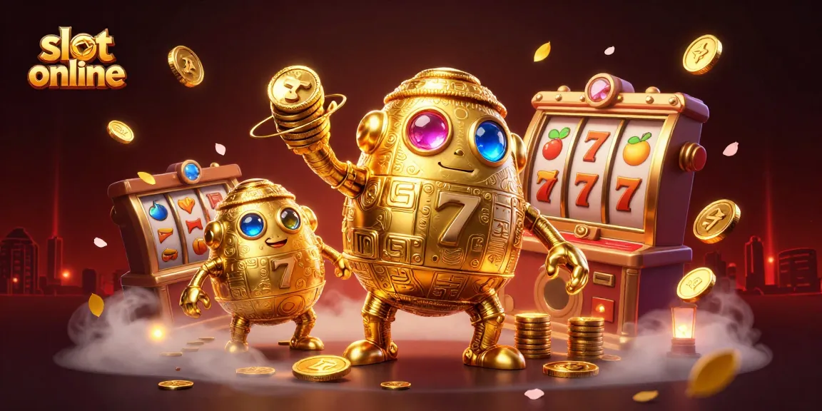 Slot online menampilkan golem emas kuno dikelilingi simbol mesin slot, penuh dengan detail menarik.