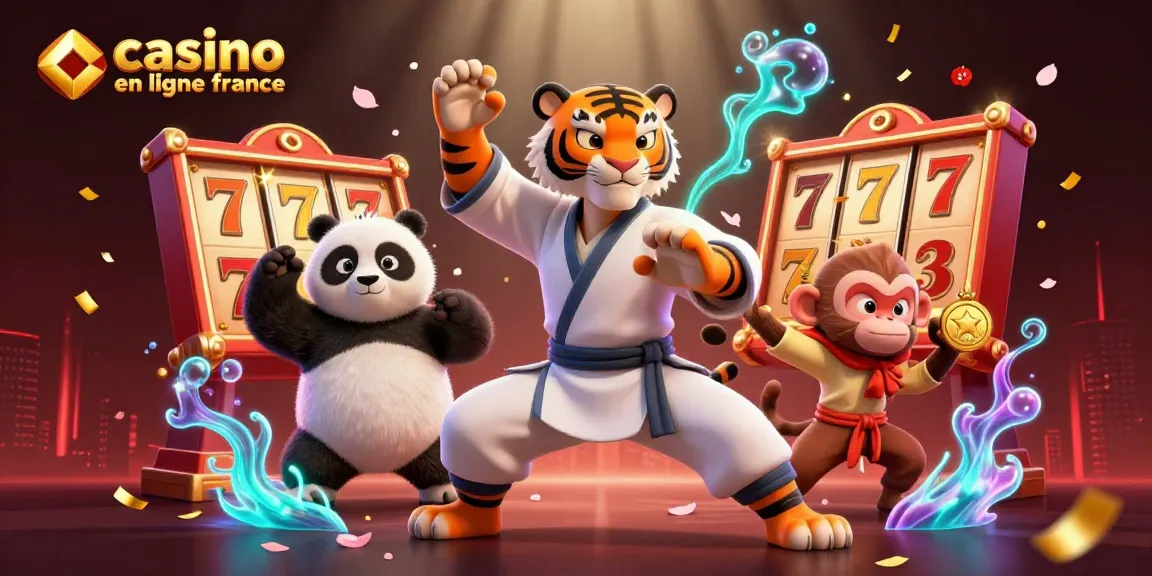Illustration 3D d'un tigre en karaté, panda et singe dans un casino en ligne France, avec des éléments de jeu dynamiques