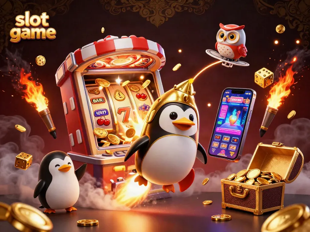 Experience thrilling slot game action with a golden penguin and jackpot explosion in this vibrant 3D illustration.