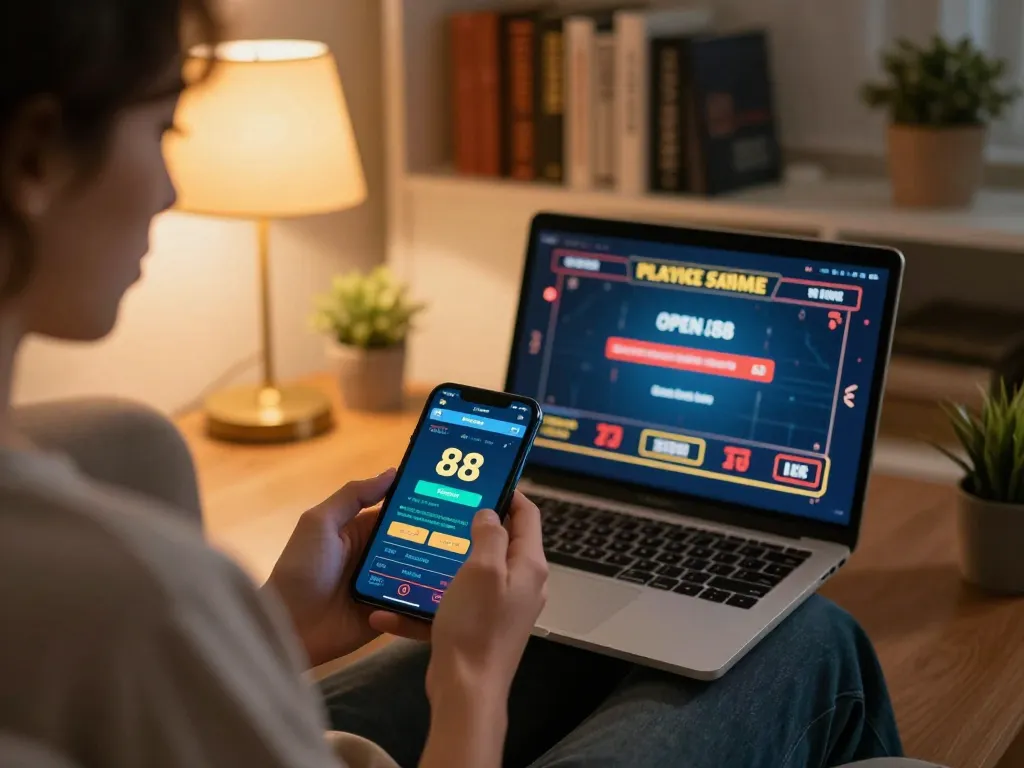 Open88 gaming app on smartphone provides thrilling online betting experience in a cozy home setup.