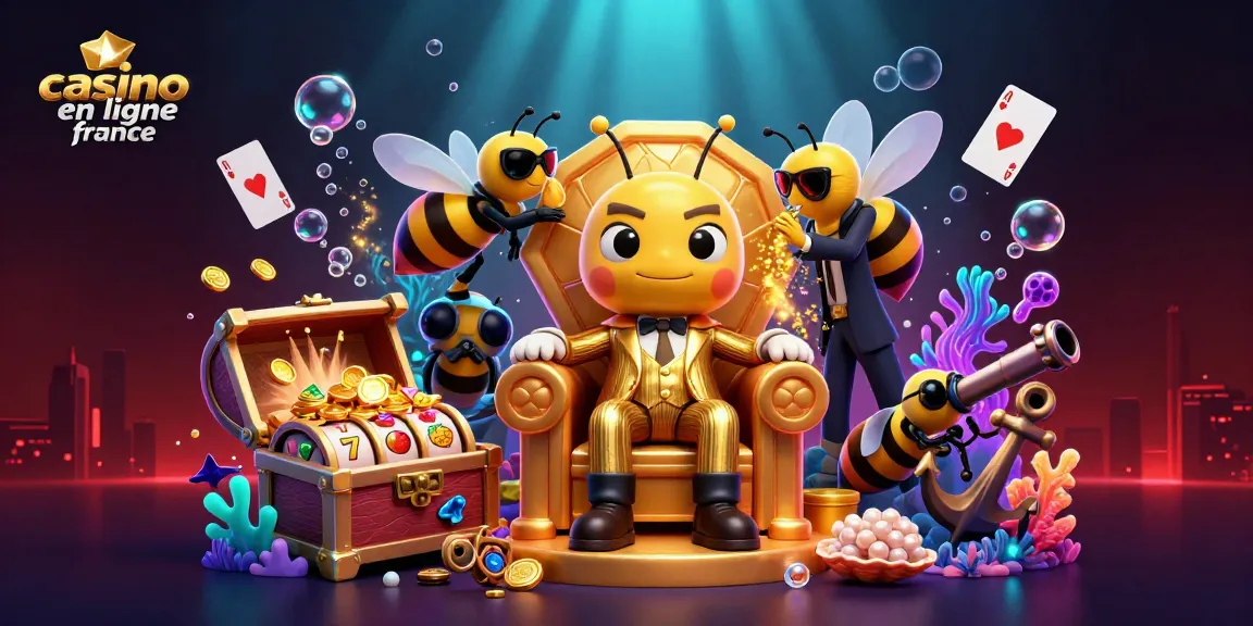 Illustration dynamique de casino en ligne France avec un boss abeille et des éléments de jeux