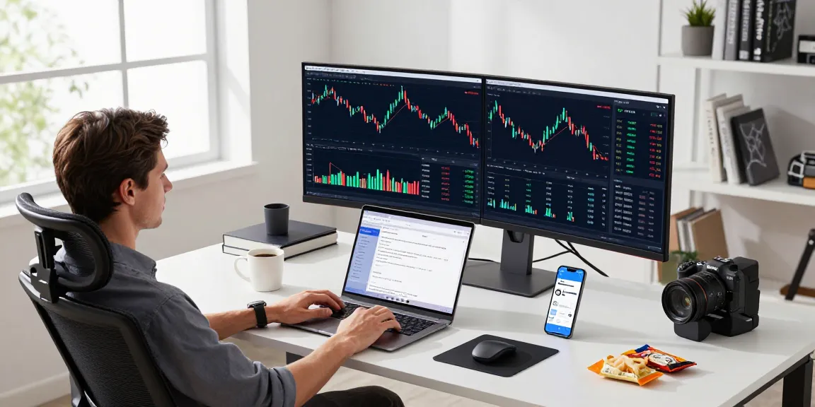 Cricbet cryptocurrency trading setup with advanced tech, charts, and analytical tools in a modern office.