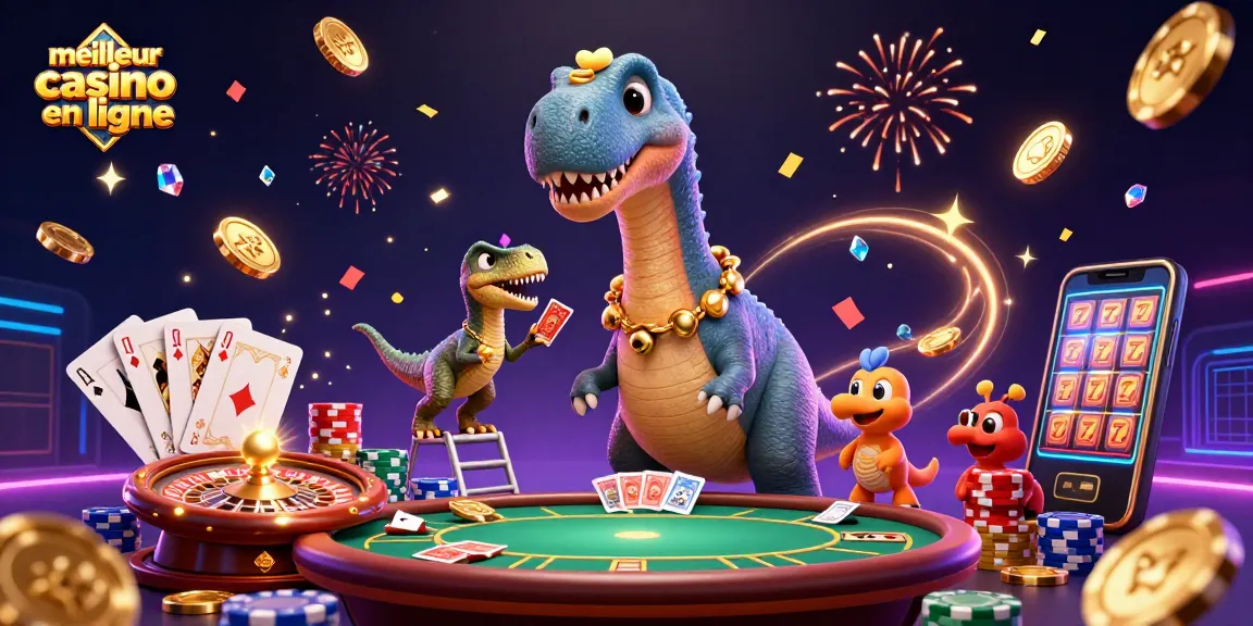 Illustration d'un brontosaure géant dans un casino flamboyant, représentant le meilleur casino en ligne.