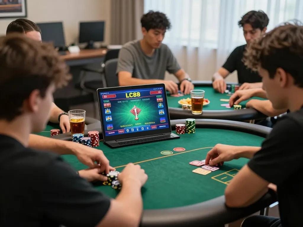 Players strategizing in a lively poker game at LC88 trang chu online casino, showcasing engaging gameplay.