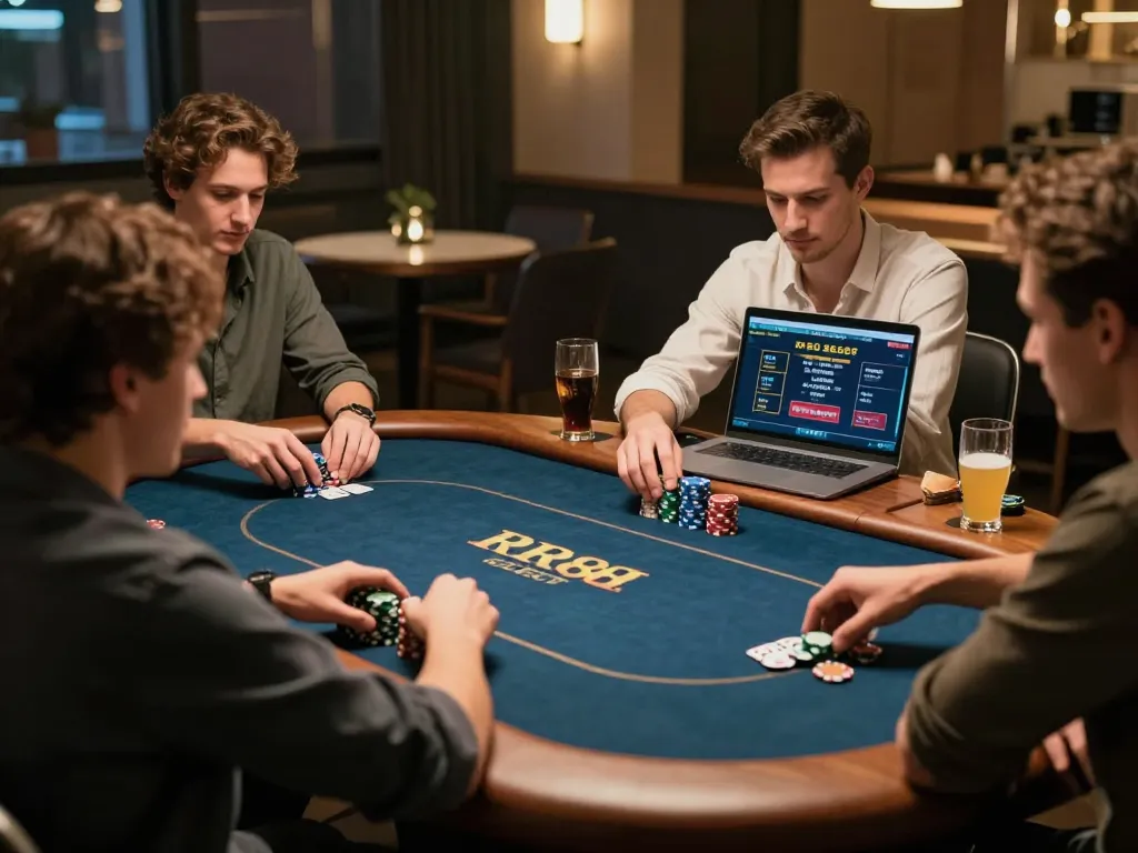 Players engaged in strategic gameplay at the RR88 SELECT poker night, showcasing friendly competition.