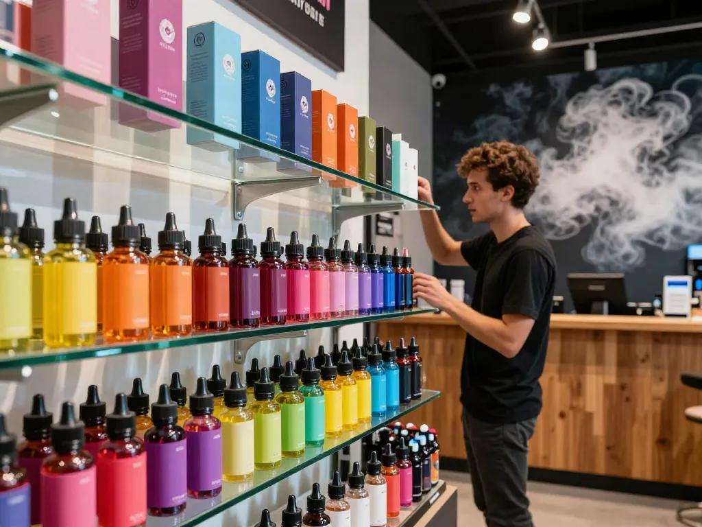 Alternativ vape juice bottles on display in a vibrant vape shop.