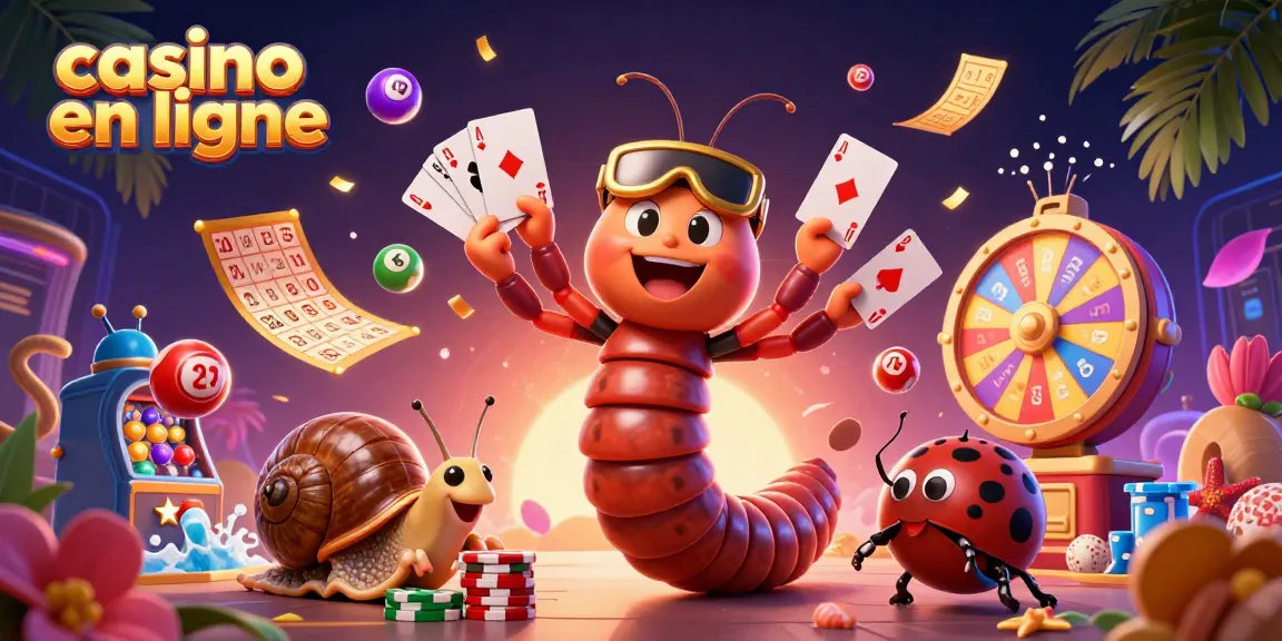 Jouez au casino en ligne avec un croupier mille-pattes coloré, des jetons et des machines à sous.