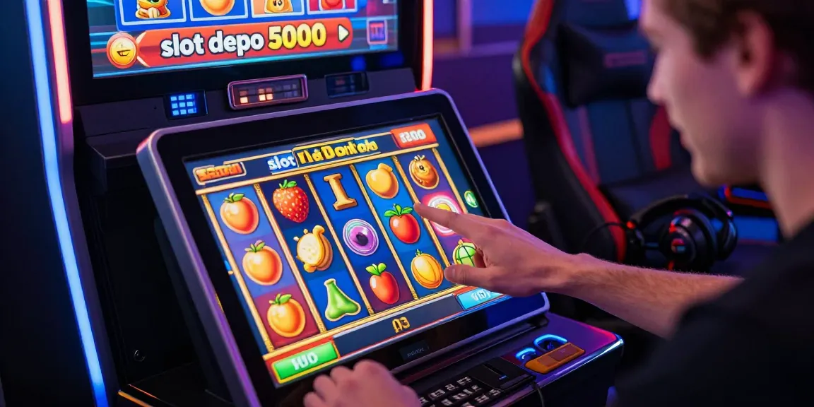 Exciting online gambling experience with "slot depo 5000" player interacting with vibrant tablet interface.