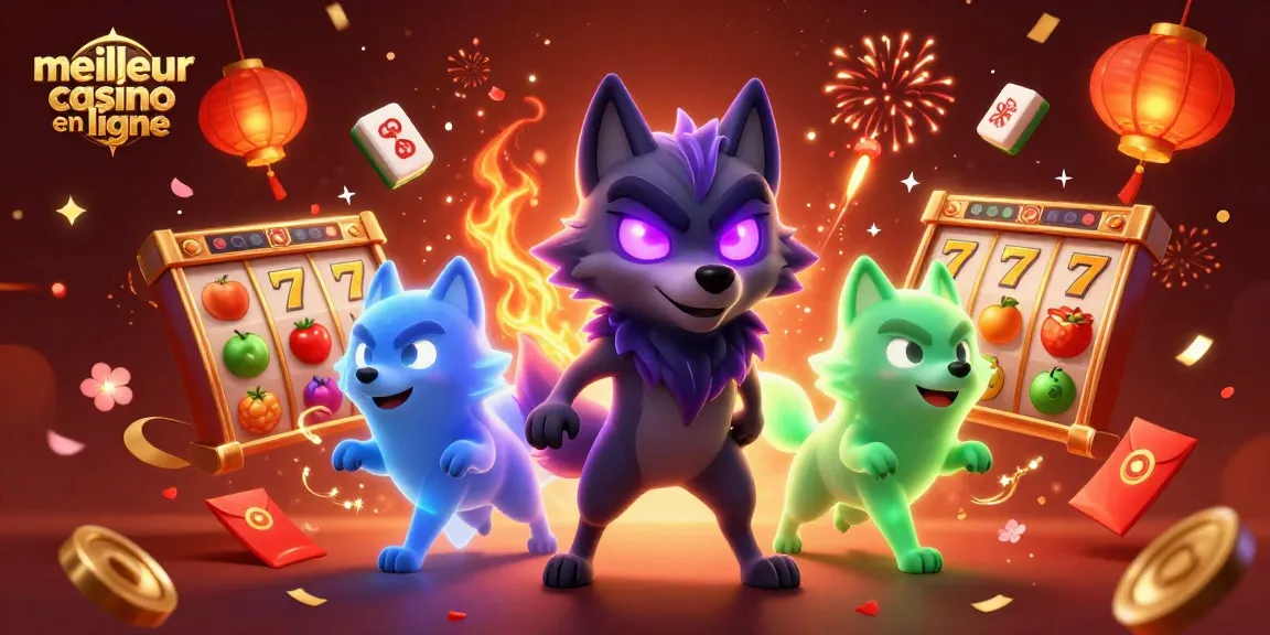 Illustration dynamique du meilleur casino en ligne, mettant en scène des loups fantômes et des éléments de jeux variés.