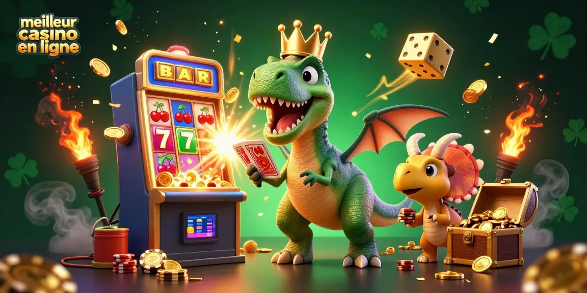 Illustration animée représentant un T-Rex amusant tentant de mélanger des cartes pour le meilleur casino en ligne.