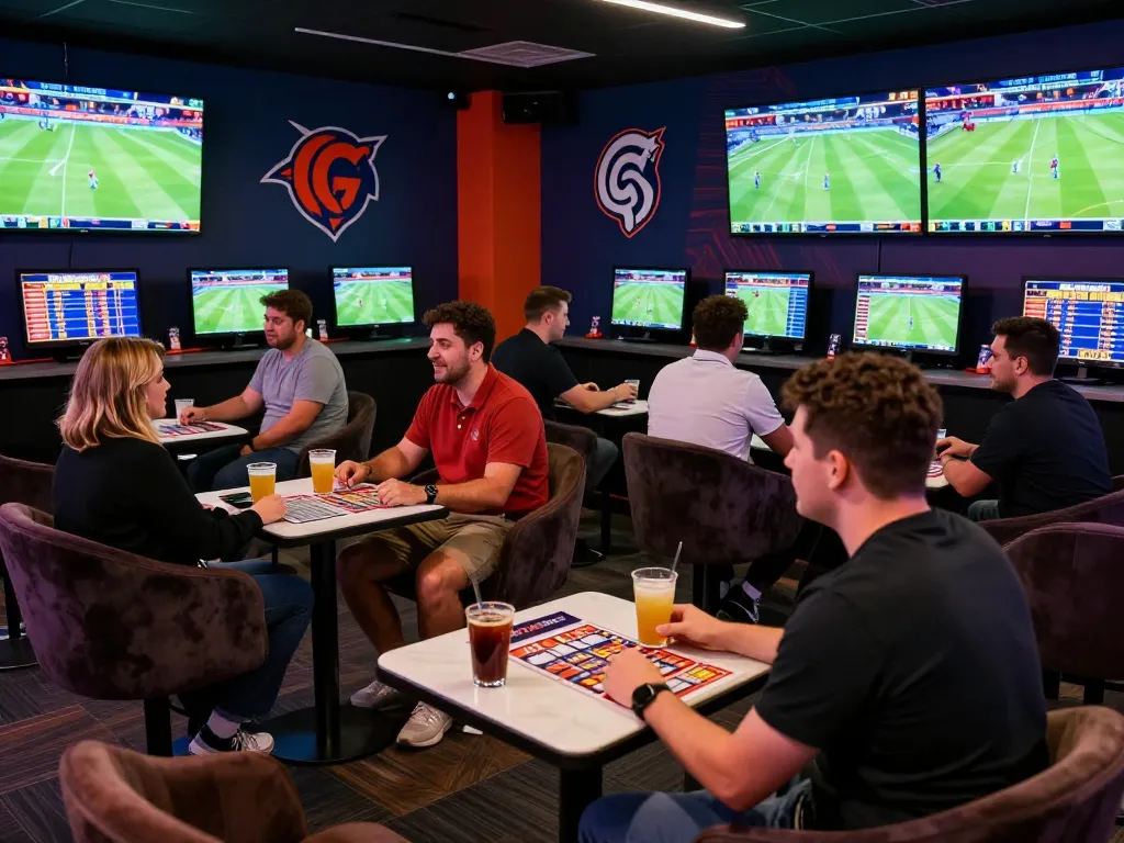 Sports bettors engaged in dynamic gameplay at soc88, analyzing odds and placing bets in a vibrant atmosphere