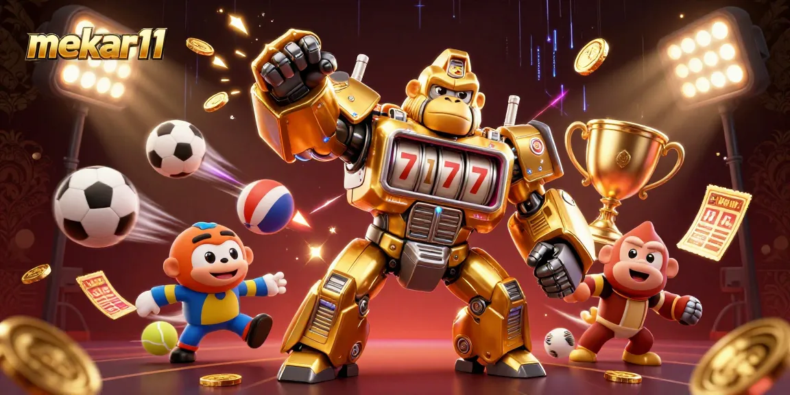Mekar11's vibrant 3D illustration of a golden gorilla mech bursting with coins, showcasing energetic sports elements.