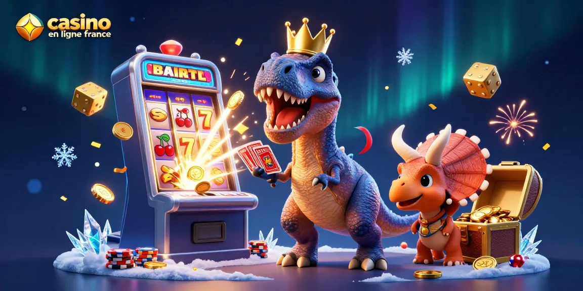 Visuel captivant de casino en ligne France avec un T-Rex amusant jouant aux cartes, entouré de machines à sous et de jetons d'or.