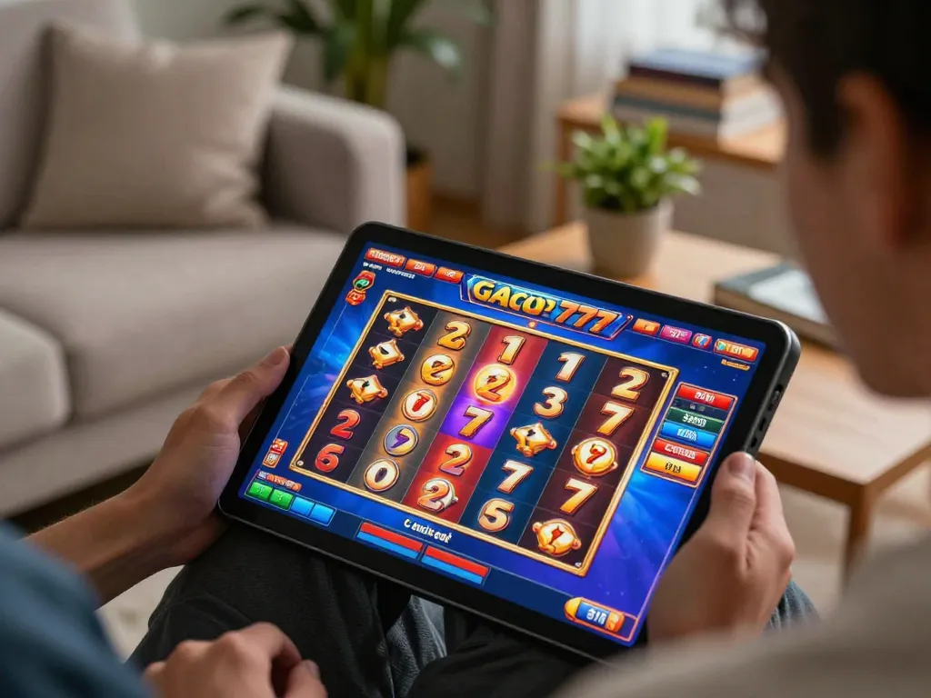 Player enjoying slot gacor 777 online gaming on tablet in cozy living room atmosphere, emphasizing relaxed gambling.
