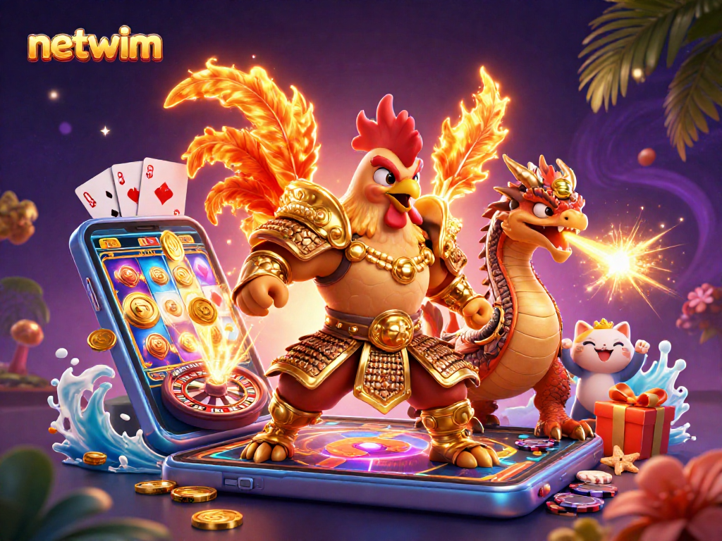Experience netwim's thrilling atmosphere with a fighting rooster and dragon at a vibrant casino scene.