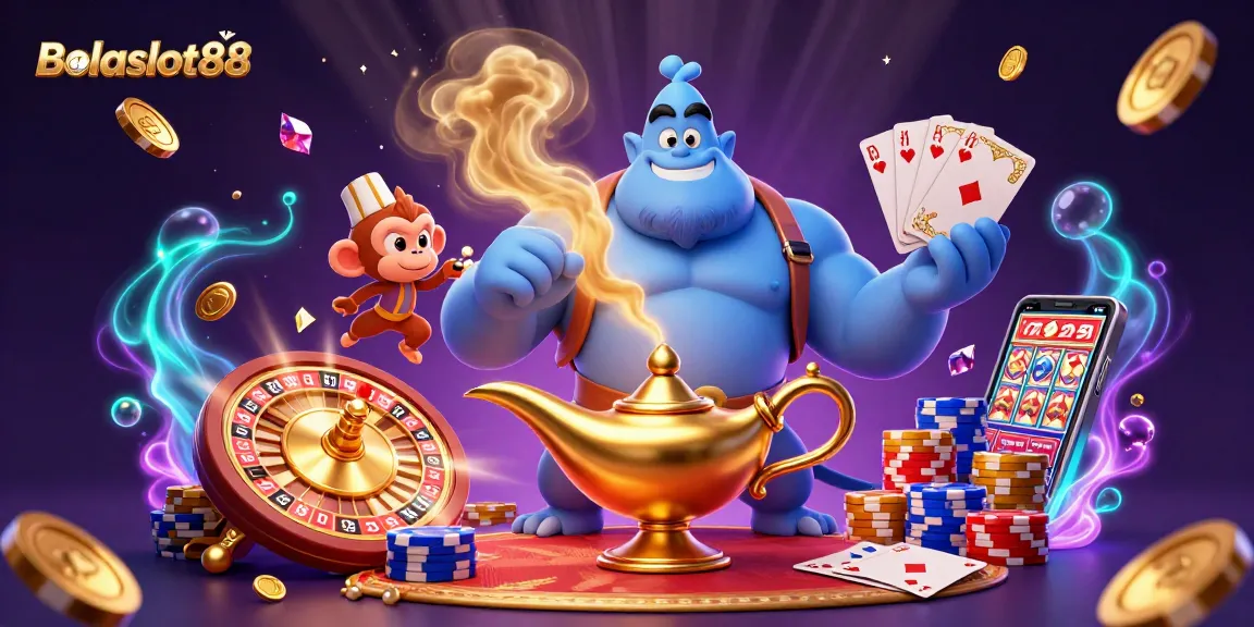 Bolaslot88 showcases a vibrant 3D scene with a magical genie, sparkling gems, and casino elements.