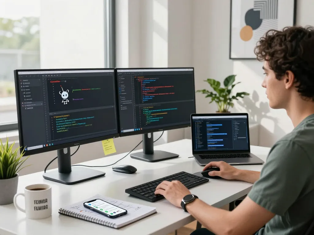 Developer using Clawdbot in a modern software workspace with dual monitors and chat notifications.