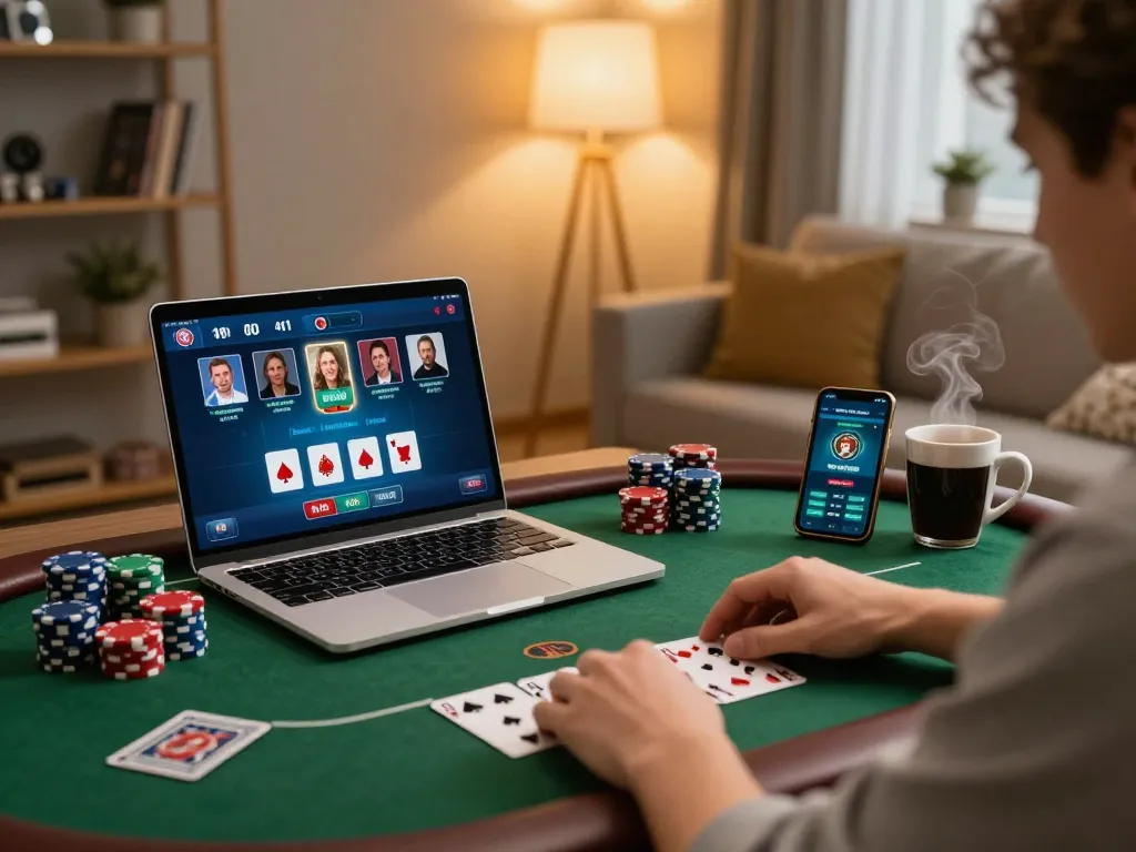 Engaging online poker session at home with vipwin app open on a laptop, showcasing a strategic gaming environment.