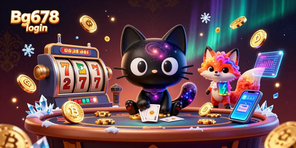 Engage in the exciting Bg678 login with a cosmic casino scene featuring a black hole cat and colorful nebula fox.