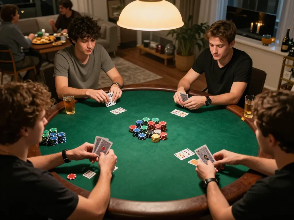 Players at home poker game analyzing cards and strategies, showcasing 98win win in an engaging social setting.