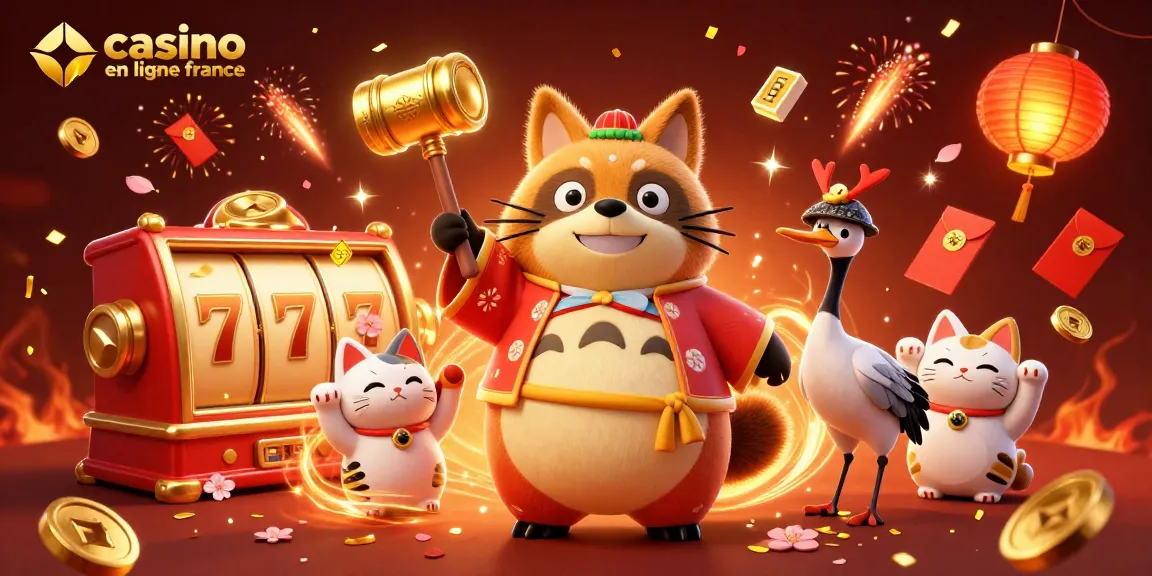 Illustration de casino en ligne en France avec tanuki, bonheur et éléments festifs