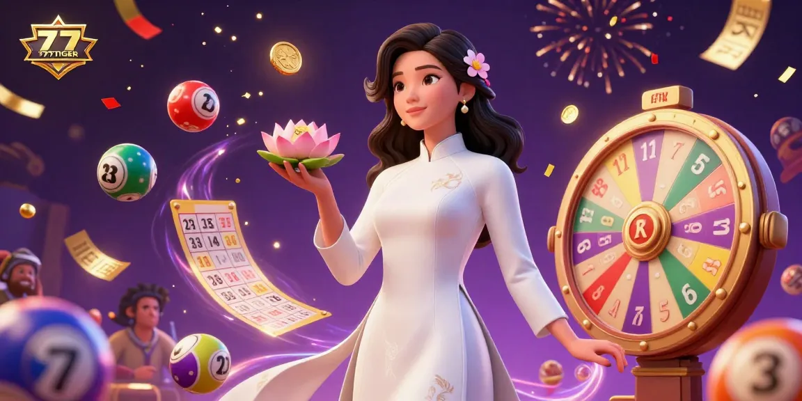 Experience the excitement of 777TIGER with vibrant lottery elements and celebrations in this casino illustration.
