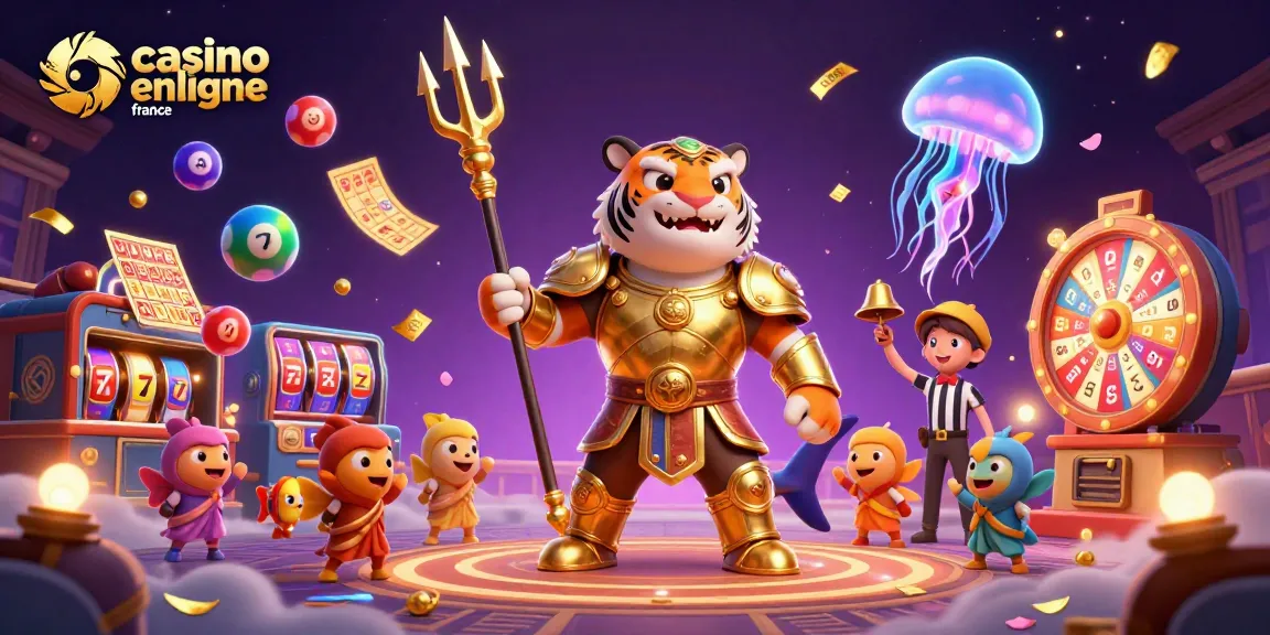 Immergez-vous dans l'univers du casino en ligne en France avec un requin tigre en armure dorée parmi des éléments de jeu animés.