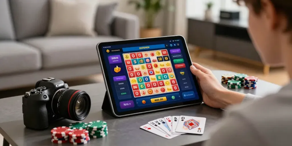 Pengguna situs https://totobet.net/ menikmati permainan lotere online di ruang tamu modern dengan tablet dan aksesori permainan.