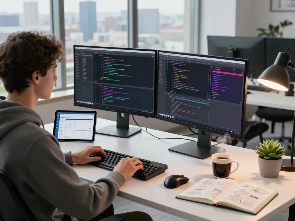 Developer coding with clawbot on dual monitors in a modern tech workspace