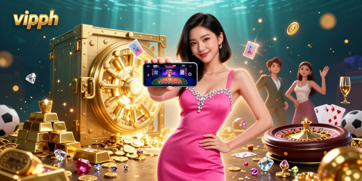 Engage with vipph's live dealer games and sports betting, capturing a vibrant casino atmosphere.