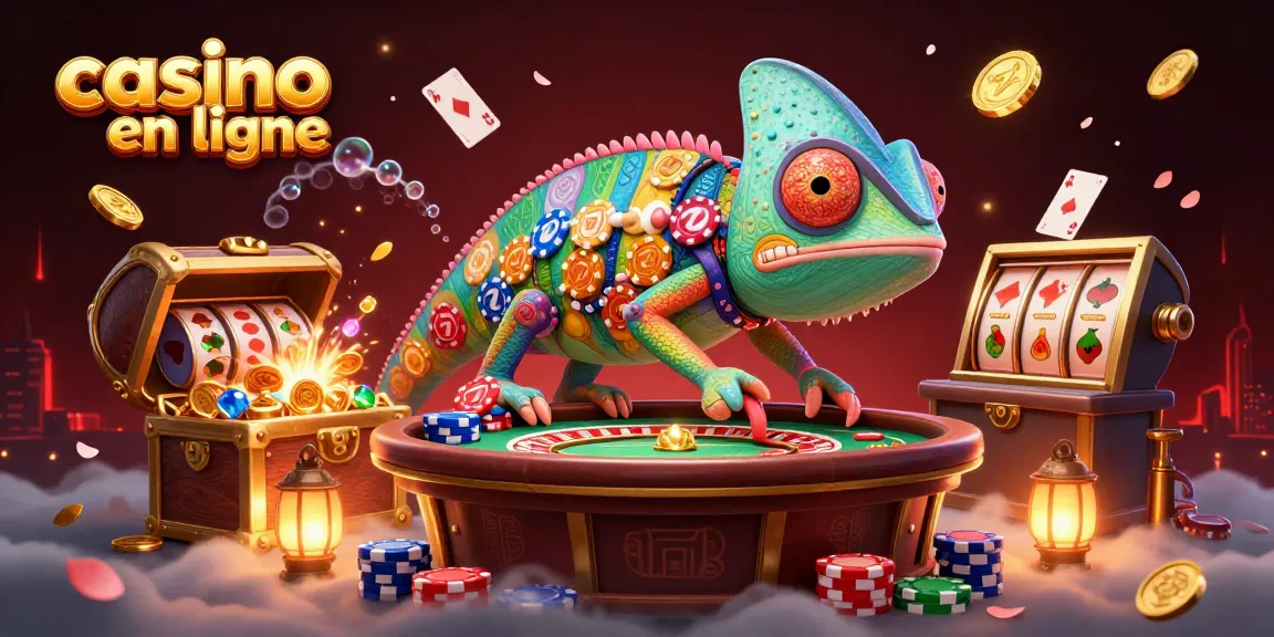 Illustration colorée d'un casino en ligne avec un caméléon géant et des éléments de machines à sous.