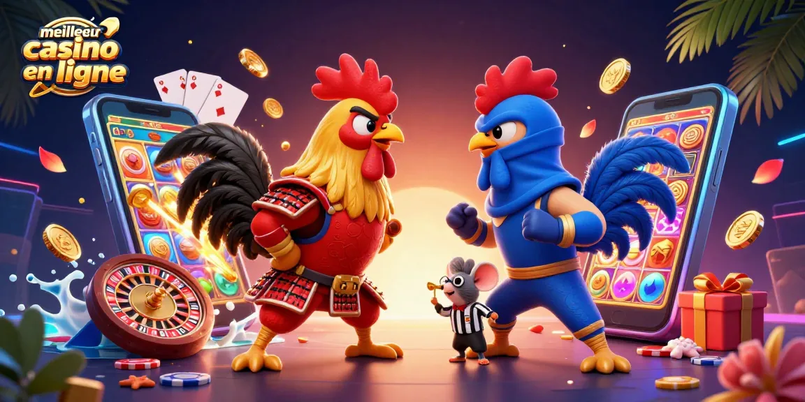 Admirez le duel spectaculaire des coqs en armure aux meilleurs casinos en ligne, entre tension et chance.