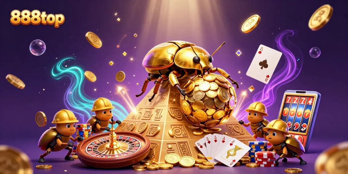 Experience thrilling gameplay with 888top as animated beetles roll golden coins in a vibrant casino scene.