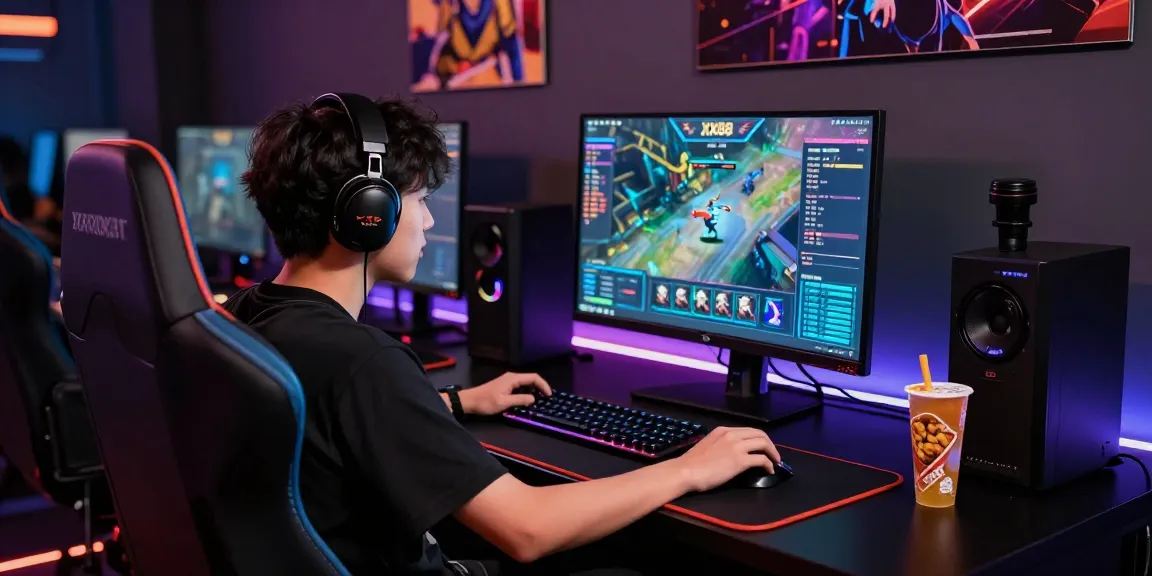 Competitive gaming setup showcasing XX88 with a player focused on vibrant screen, Rr8i in action