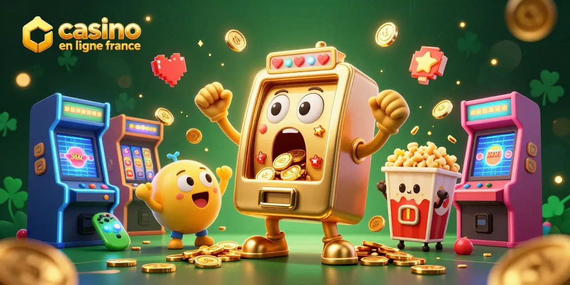 Illustration 3D d'une machine à sous dorée animée en ligne, jackpot et pièces s'échappant, casino en ligne france