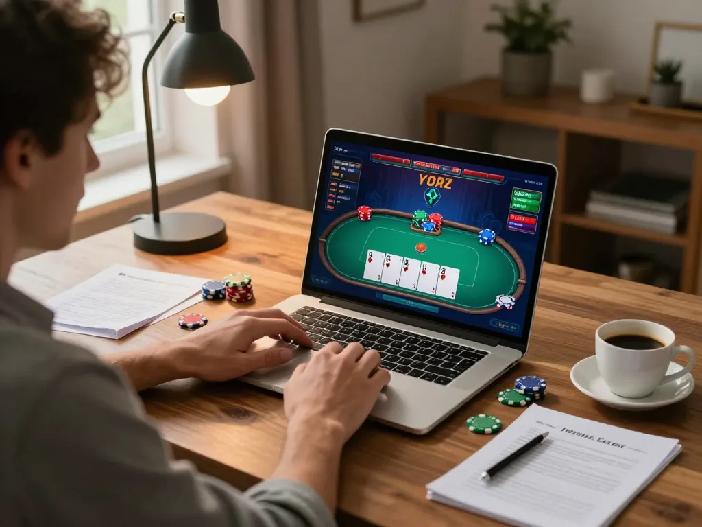open88 player enjoying an online poker game at home with vibrant graphics and cozy atmosphere
