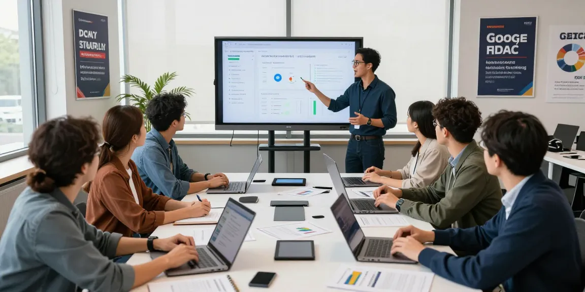 Interactive workshop scene showcasing a Google Ads and PPC mastery course with engaged participants and digital marketing materials.