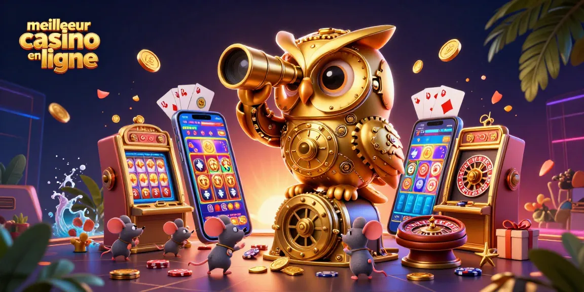 Visualisez le meilleur casino en ligne avec un hibou doré et des machines à sous animées.