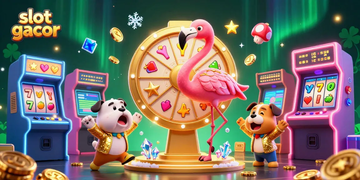 Engage in the excitement of slot gacor with a vibrant game show illustration featuring a flamingo, bulldog, and prizes.