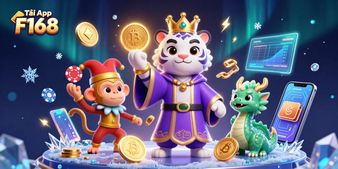 Tải App F168 to enjoy vibrant online gaming with an animated white tiger and playful monkey.