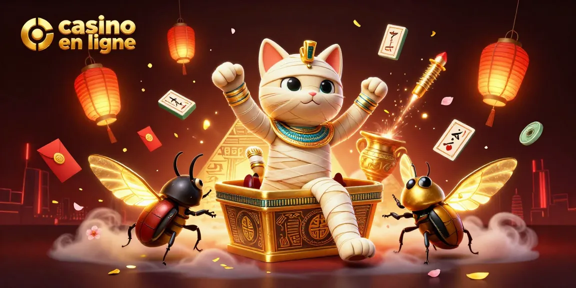 Jouez sur un casino en ligne avec des jeux captivants et des éléments animés dorés, tels qu'un chat momie 3D et un scarabée.