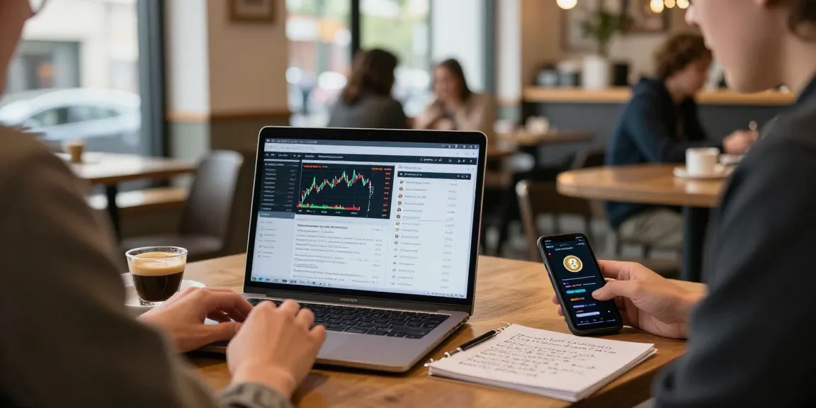HCNWF stock price analysis in a cafe, showcasing dynamic crypto trading elements