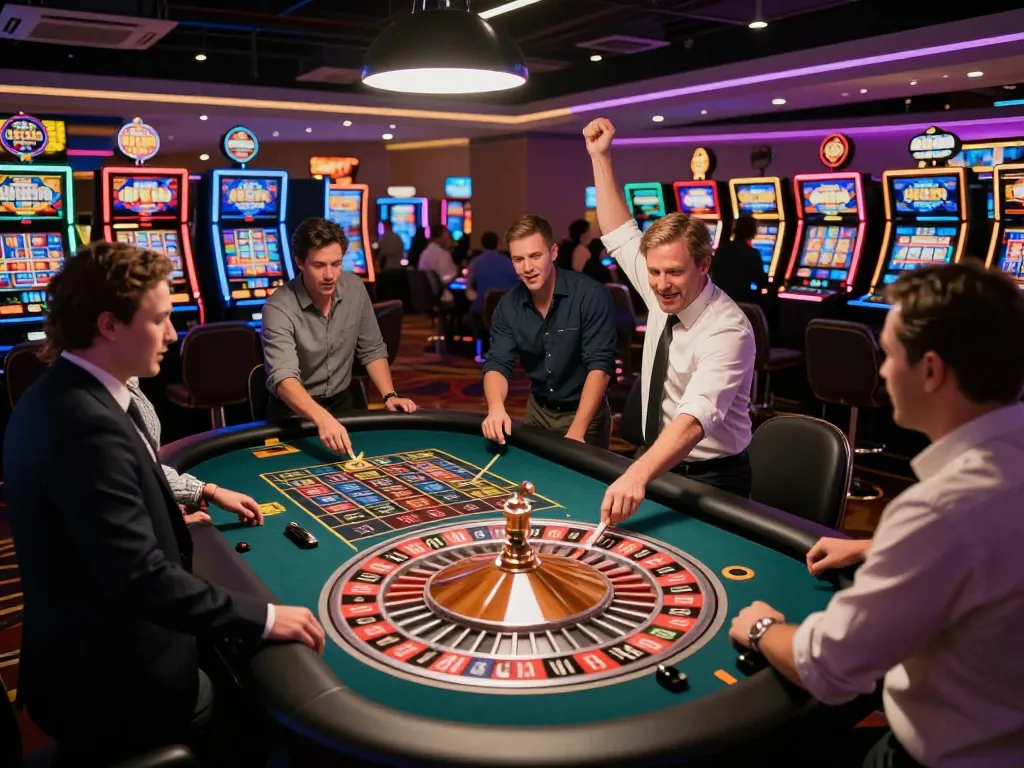 Paito macau players engaging around a roulette table at a bustling casino, full of excitement and vibrant atmosphere.